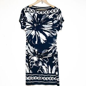 NWOT St Tropez Black White Tropical Jersey Boatneck Shift Dress Sz Womens 14